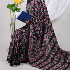 Black Floral Soft Cotton Printed Saree