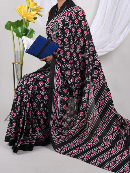 Black Floral Soft Cotton Printed Saree