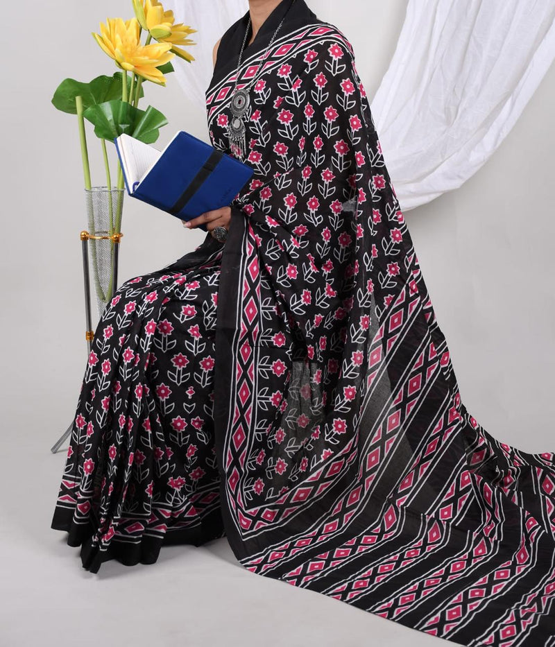 Black Floral Soft Cotton Printed Saree