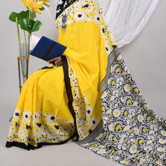 Yellow & Black Floral Soft Cotton Printed Saree