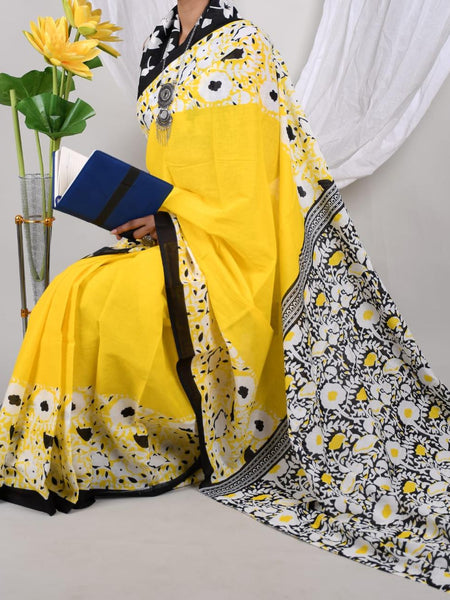 Yellow & Black Floral Soft Cotton Printed Saree