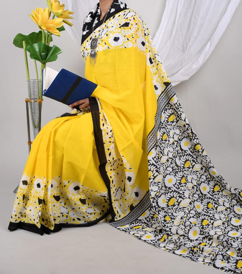 Yellow & Black Floral Soft Cotton Printed Saree