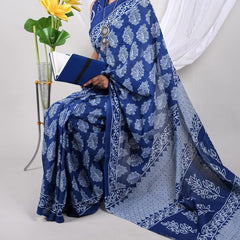 Royal Blue Floral Soft Cotton Printed Saree