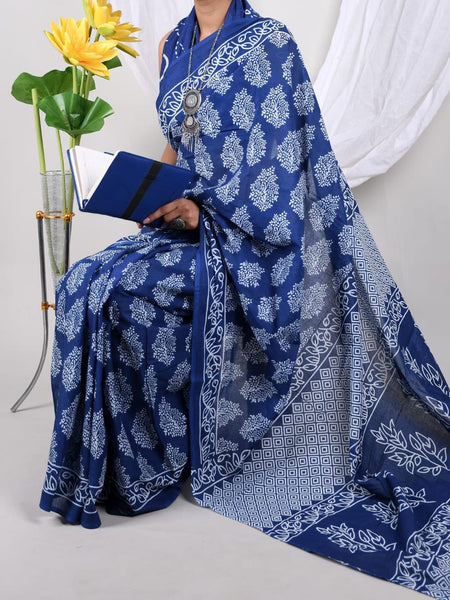 Royal Blue Floral Soft Cotton Printed Saree