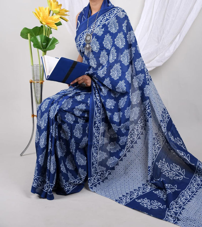 Royal Blue Floral Soft Cotton Printed Saree