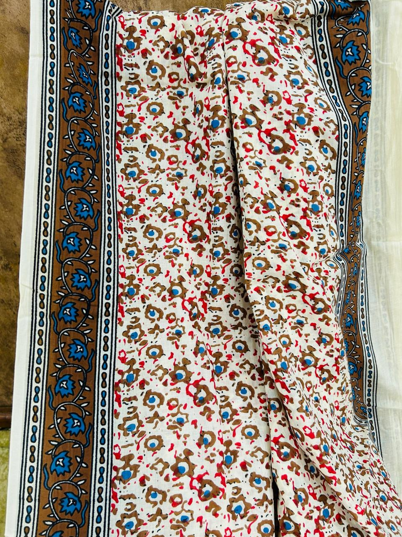 Beige Handblock Print Soft Cotton Saree