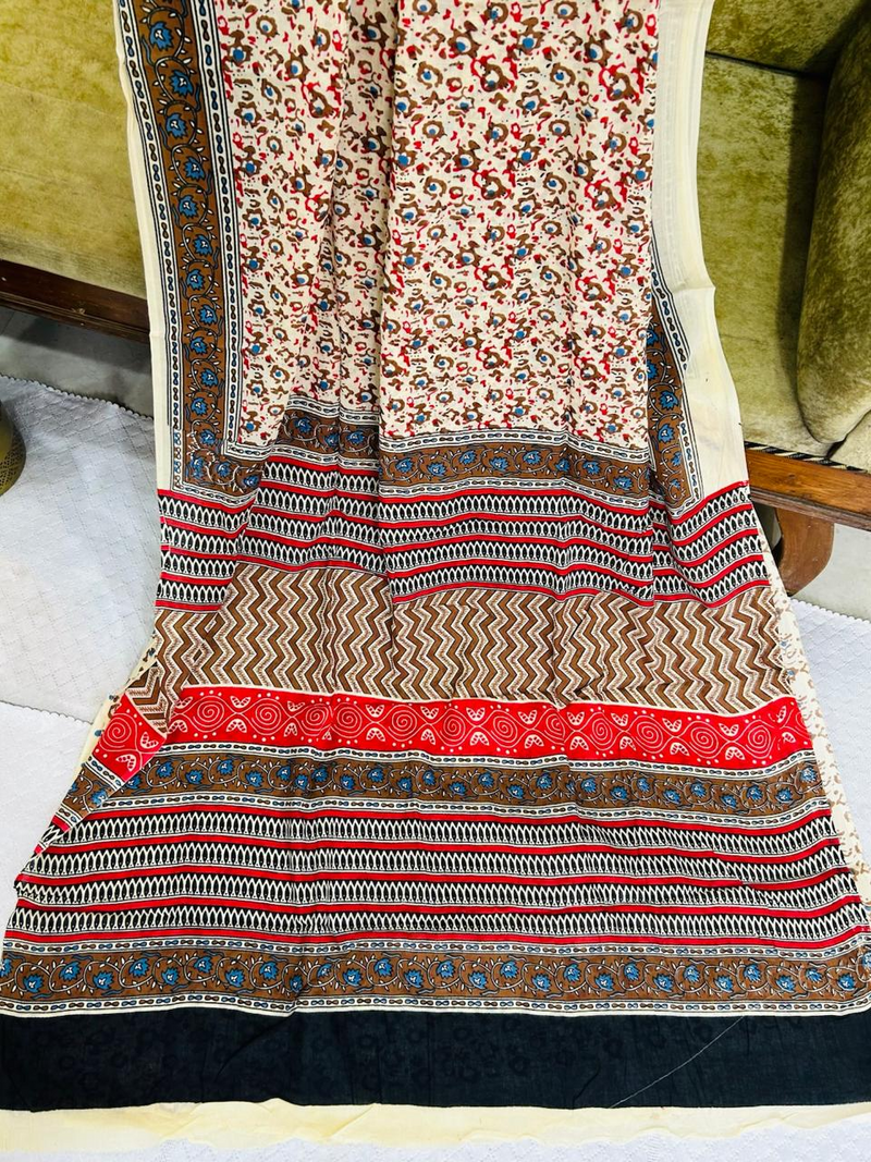 Beige Handblock Print Soft Cotton Saree