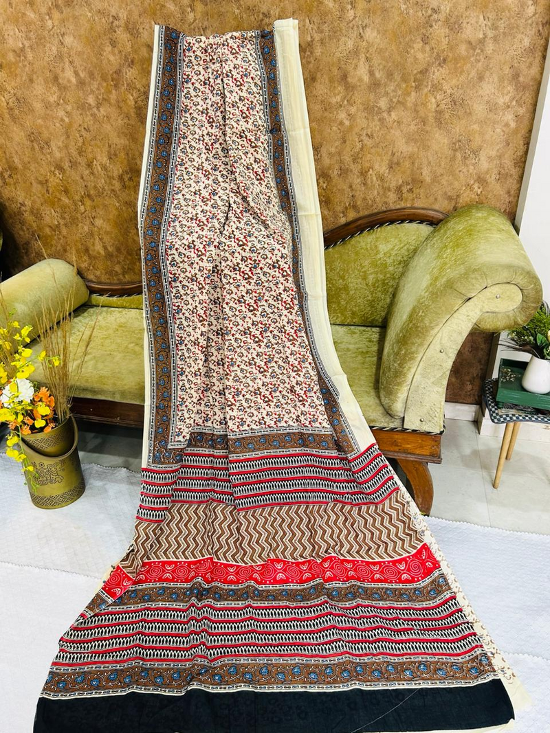 Beige Handblock Print Soft Cotton Saree