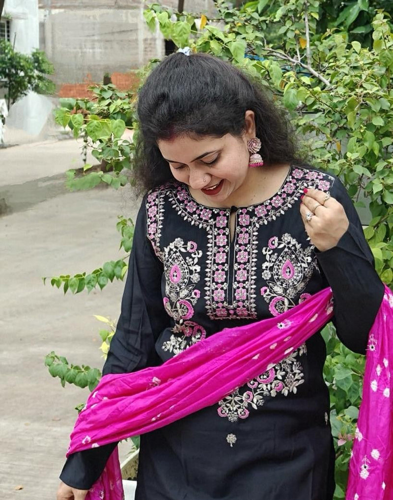 Embroidered Thread Work Black Kurta with Pant & Dupatta