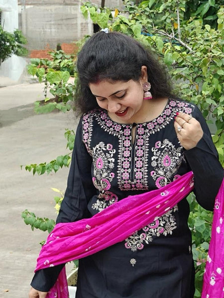 Embroidered Thread Work Black Kurta with Pant & Dupatta