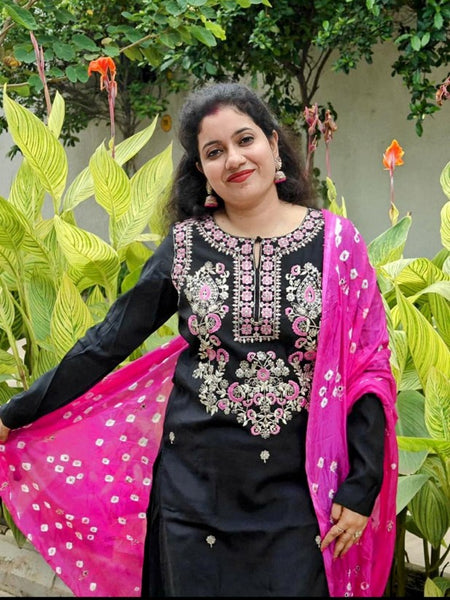 Embroidered Thread Work Black Kurta with Pant & Dupatta