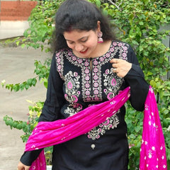 Embroidered Thread Work Black Kurta with Pant & Dupatta