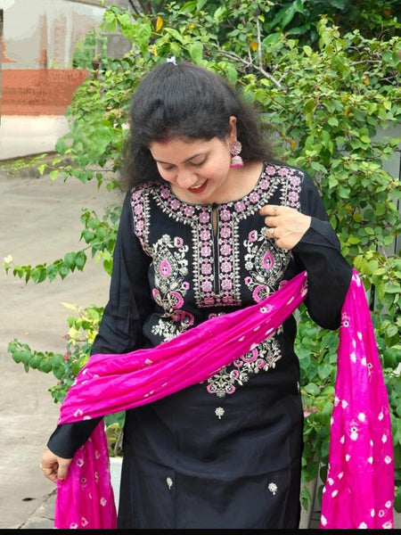Embroidered Thread Work Black Kurta with Pant & Dupatta
