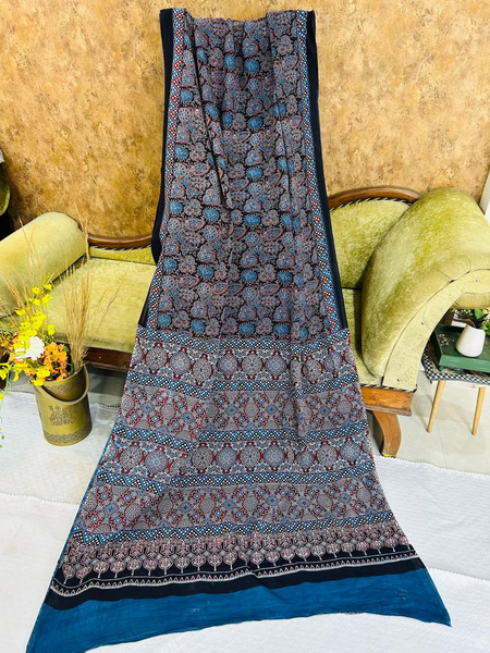 Black & Blue Handblock Ajrakh Print Soft Cotton Saree