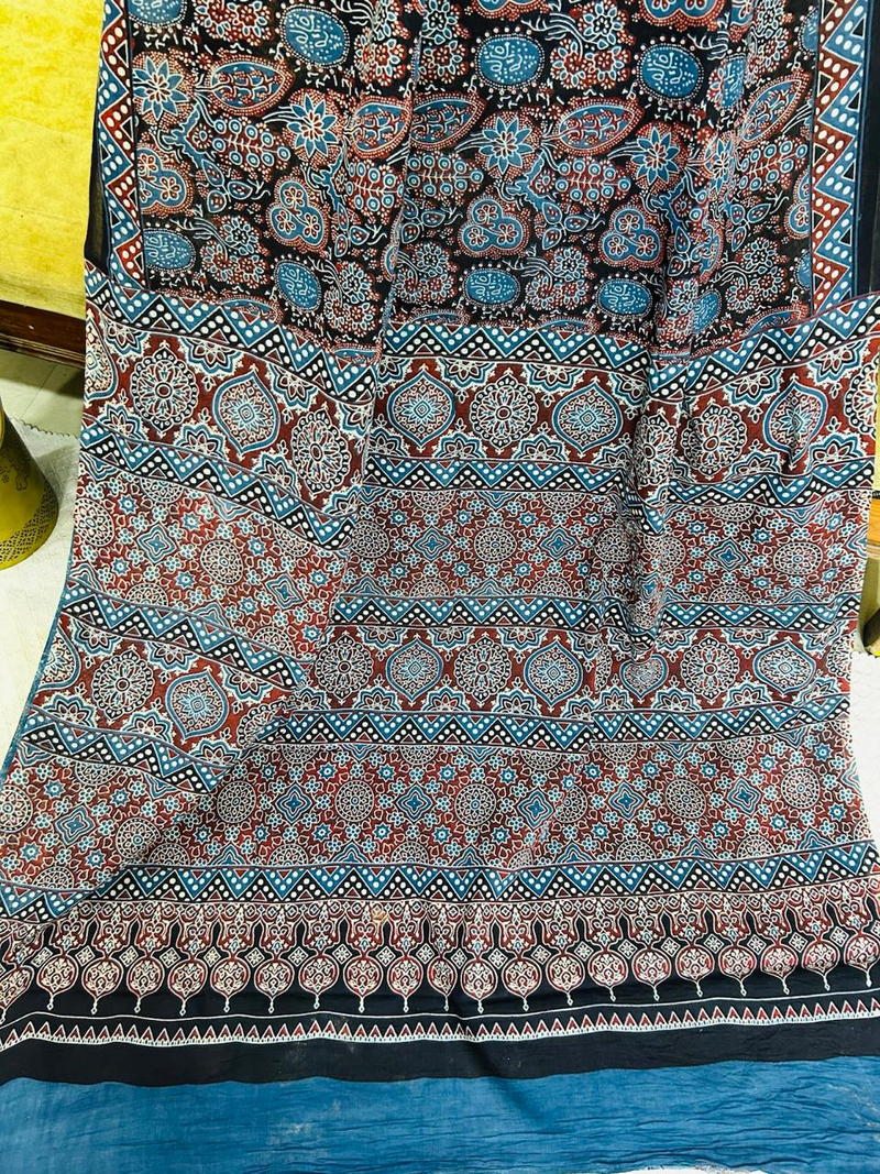 Black & Blue Handblock Ajrakh Print Soft Cotton Saree