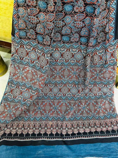 Black & Blue Handblock Ajrakh Print Soft Cotton Saree