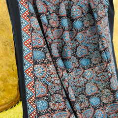 Black & Blue Handblock Ajrakh Print Soft Cotton Saree