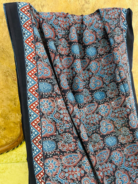 Black & Blue Handblock Ajrakh Print Soft Cotton Saree