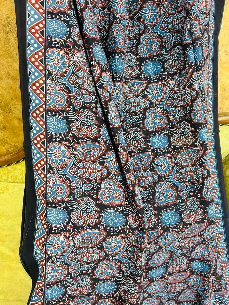 Black & Blue Handblock Ajrakh Print Soft Cotton Saree