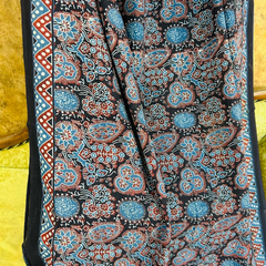 Black & Blue Handblock Ajrakh Print Soft Cotton Saree