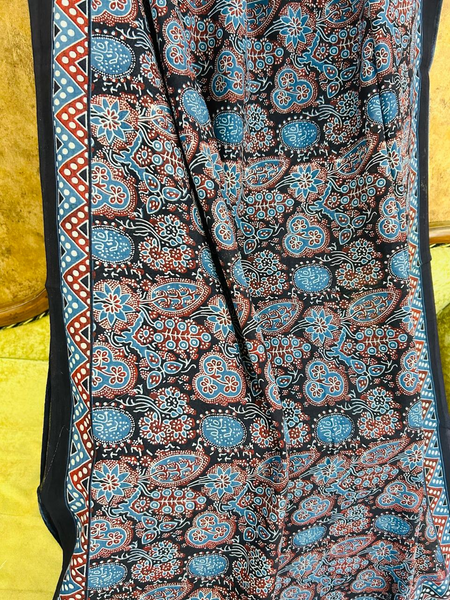 Black & Blue Handblock Ajrakh Print Soft Cotton Saree