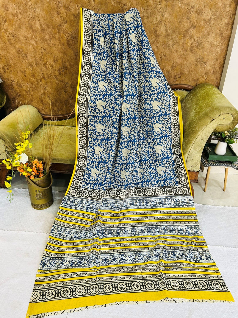 Blue Yellow Floral Printed Soft Cotton Saree