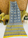 Blue Yellow Floral Printed Soft Cotton Saree