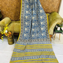 Blue Yellow Floral Printed Soft Cotton Saree