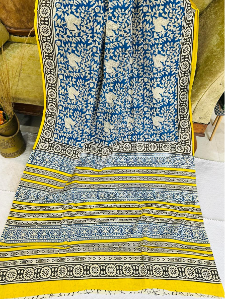 Blue Yellow Floral Printed Soft Cotton Saree