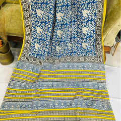 Blue Yellow Floral Printed Soft Cotton Saree