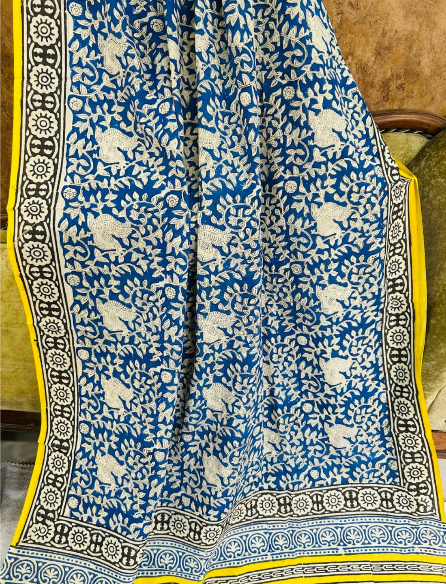 Blue Yellow Floral Printed Soft Cotton Saree