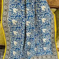 Blue Yellow Floral Printed Soft Cotton Saree