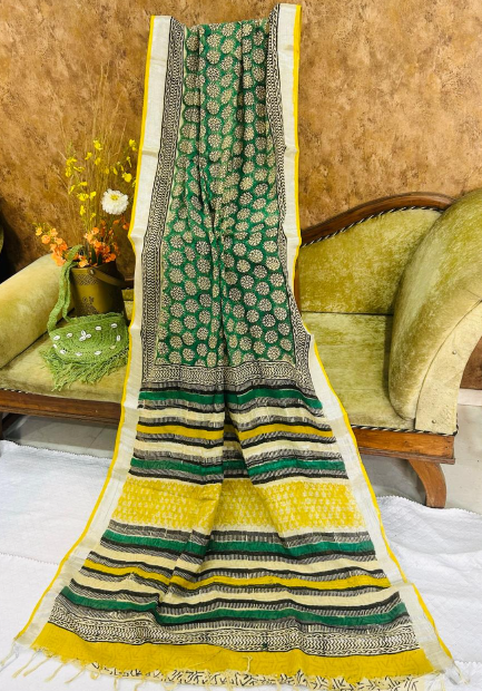 Floral Green Linen Printed Saree