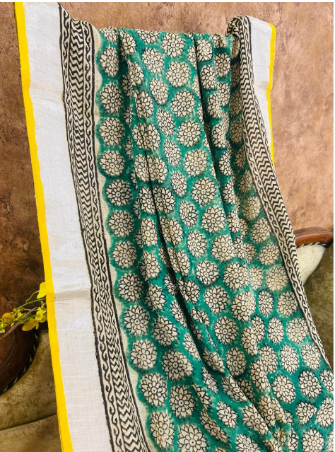 Floral Green Linen Printed Saree