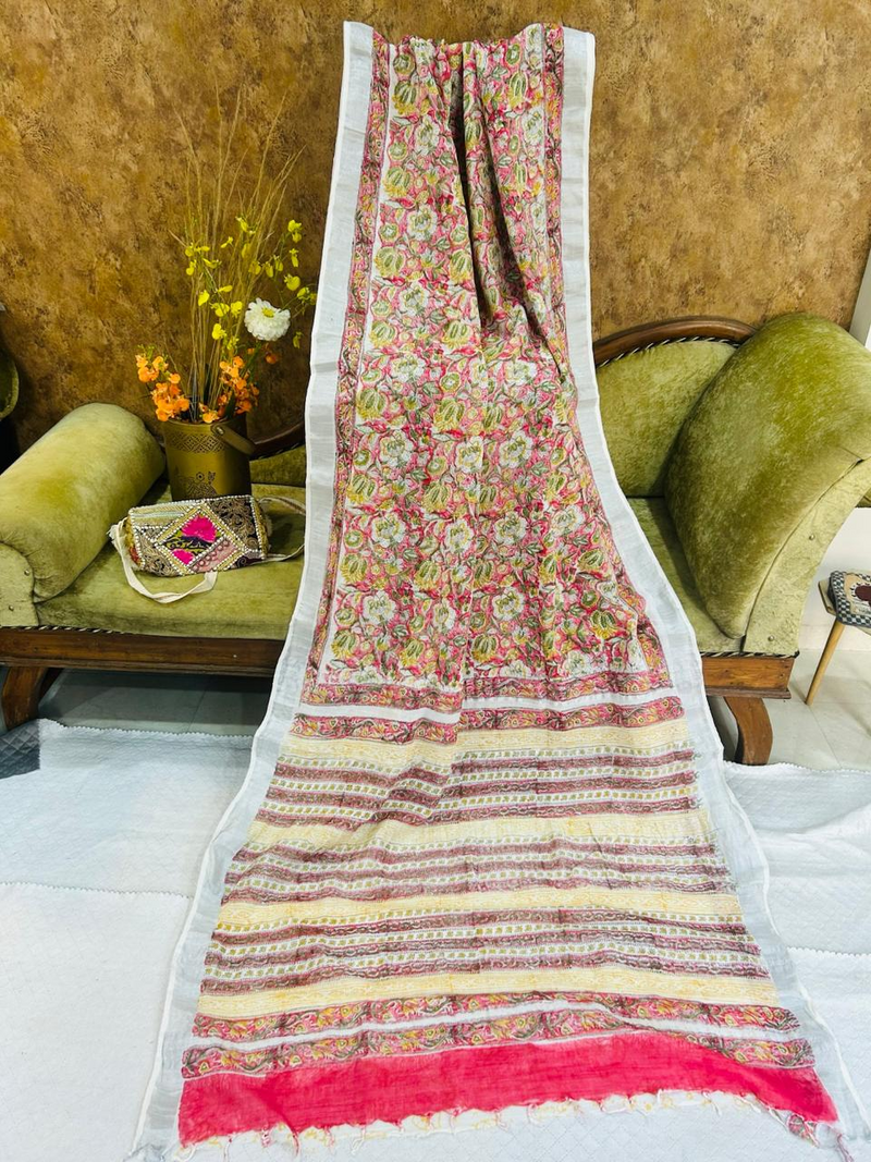 Floral Printed White Multicolor Linen Saree