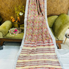Floral Printed White Multicolor Linen Saree