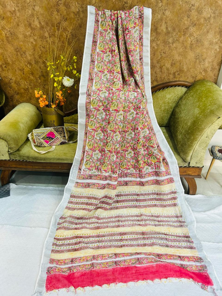 Floral Printed White Multicolor Linen Saree