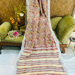 Floral Printed White Multicolor Linen Saree