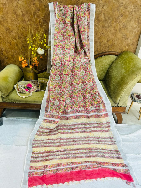 Floral Printed White Multicolor Linen Saree