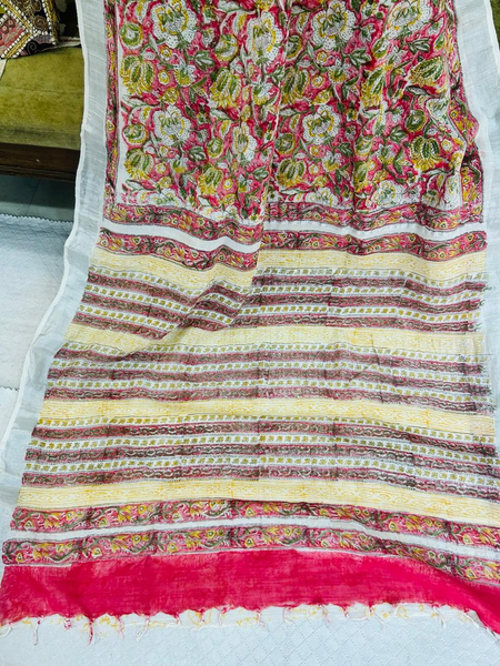Floral Printed White Multicolor Linen Saree