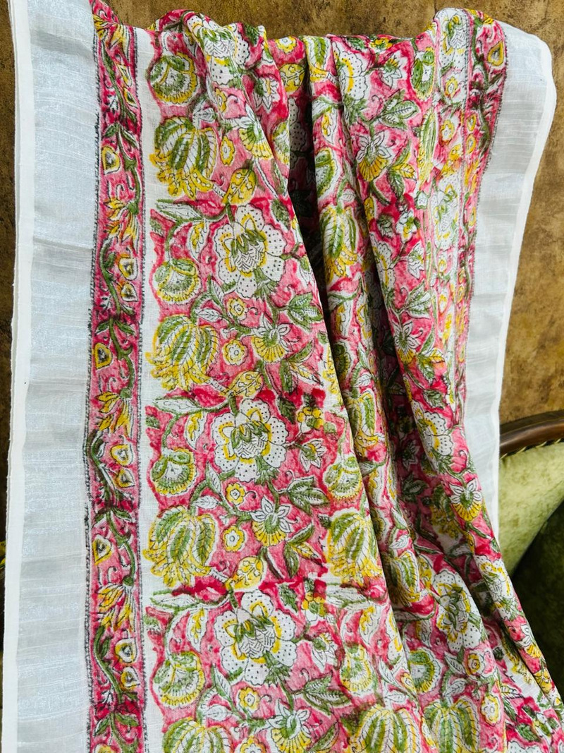 Floral Printed White Multicolor Linen Saree