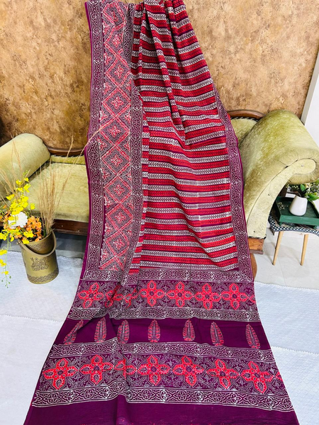 Maroon Line Print Soft Cotton Saree