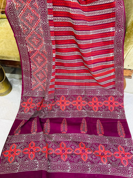Maroon Line Print Soft Cotton Saree