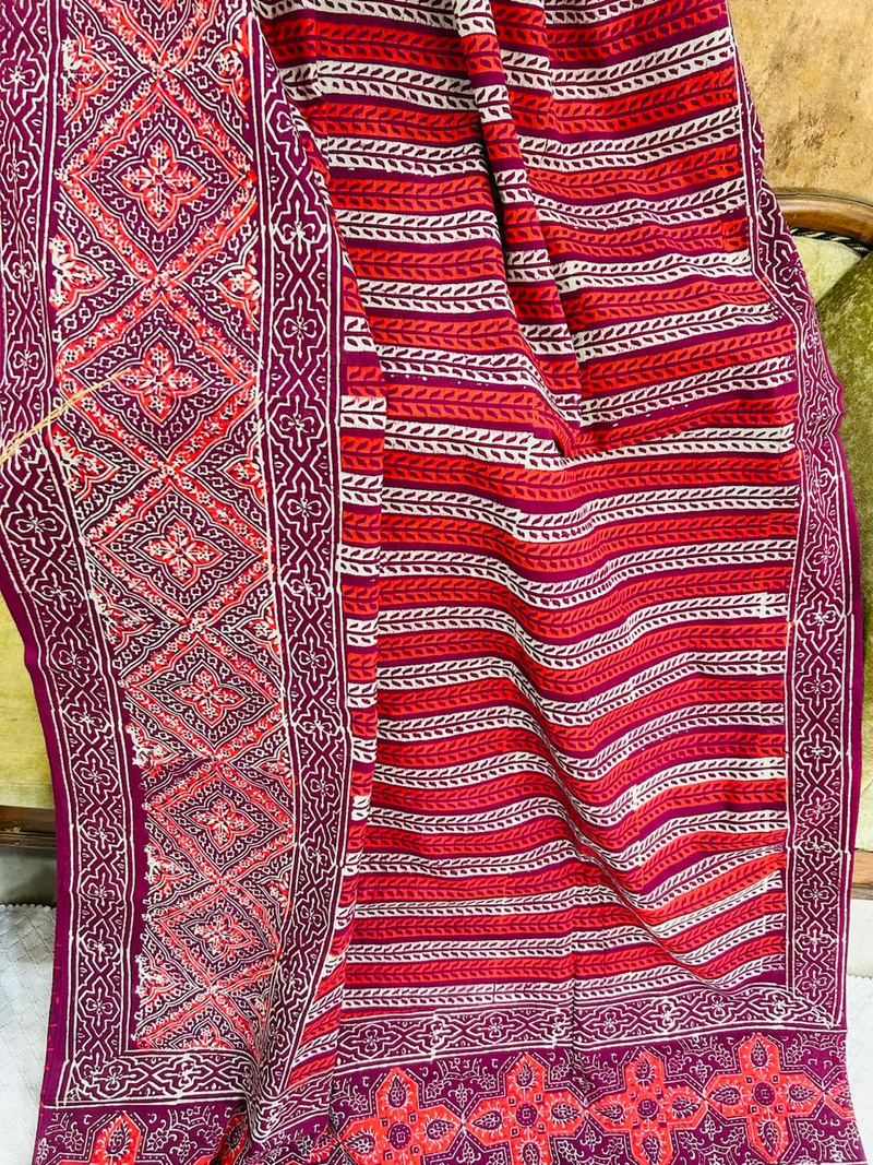 Maroon Line Print Soft Cotton Saree