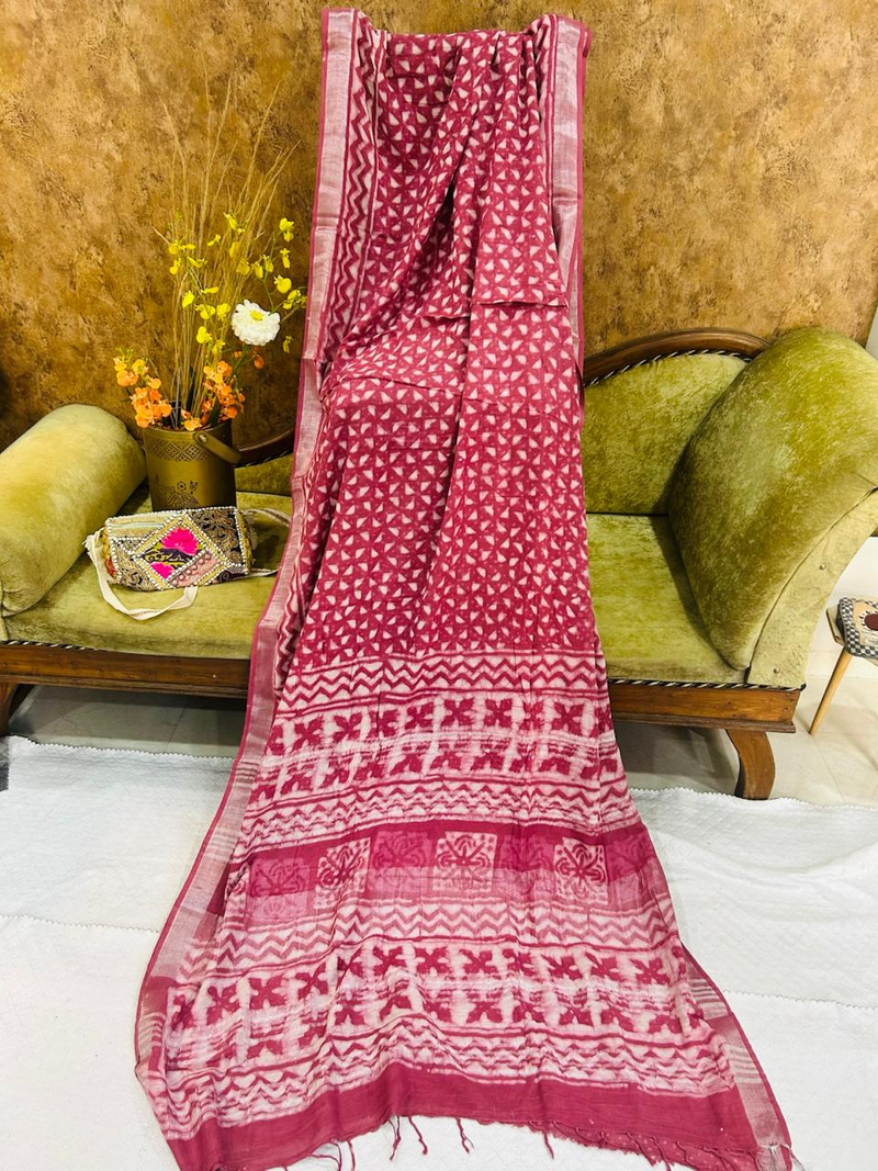 Maroon Red Linen Printed Saree
