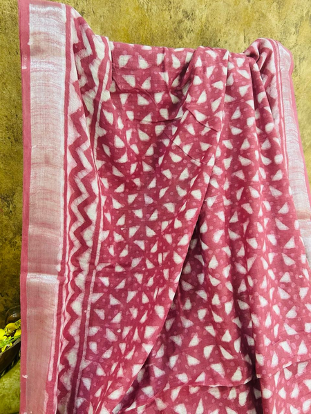 Maroon Red Linen Printed Saree