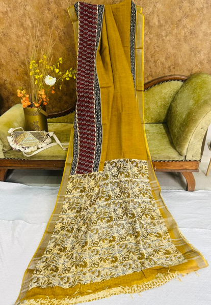 Mustard Linen Saree Plain Border