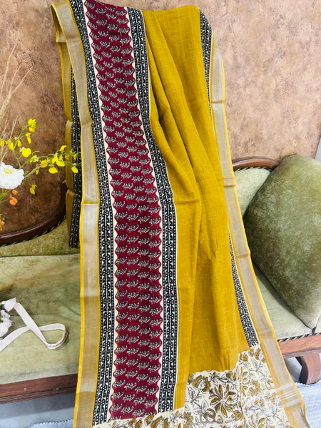Mustard Linen Saree Plain Border