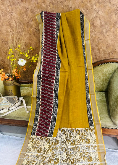 Mustard Linen Saree Plain Border