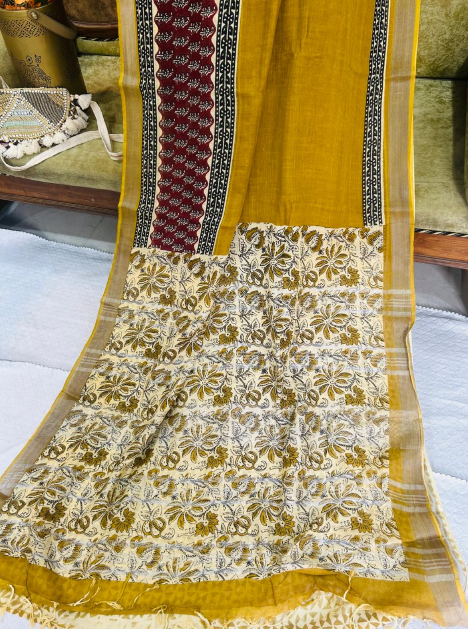 Mustard Linen Saree Plain Border